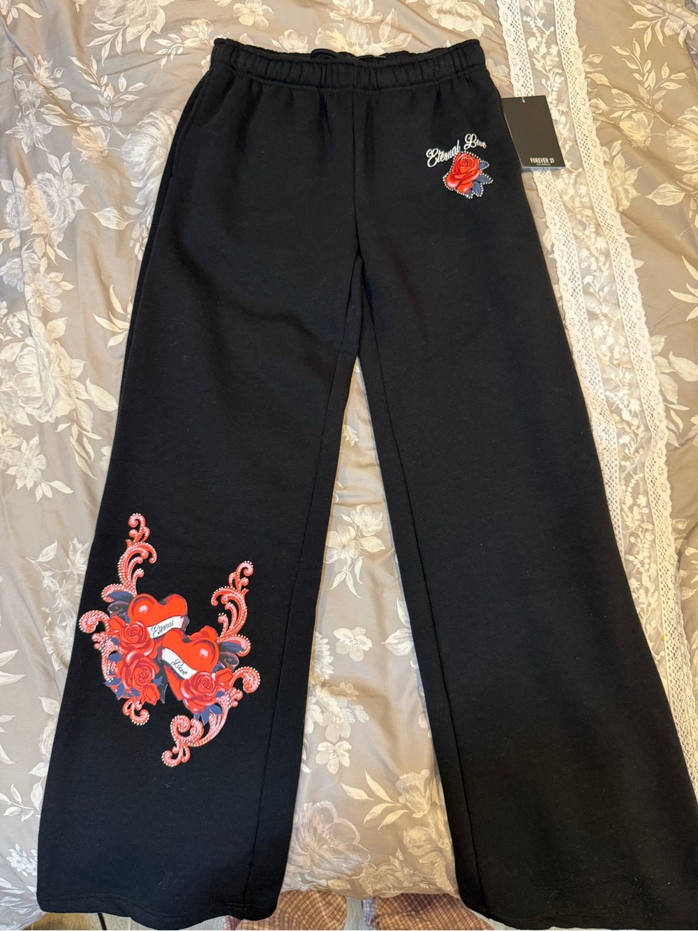 Forever 21 Black Wide-Leg Joggers with Red Rose & Heart Appliqués
